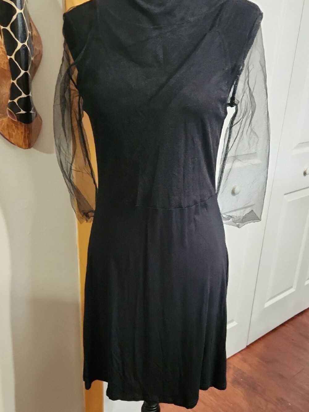 Black Long-Sleeve Mesh Sleeve Mini Dress